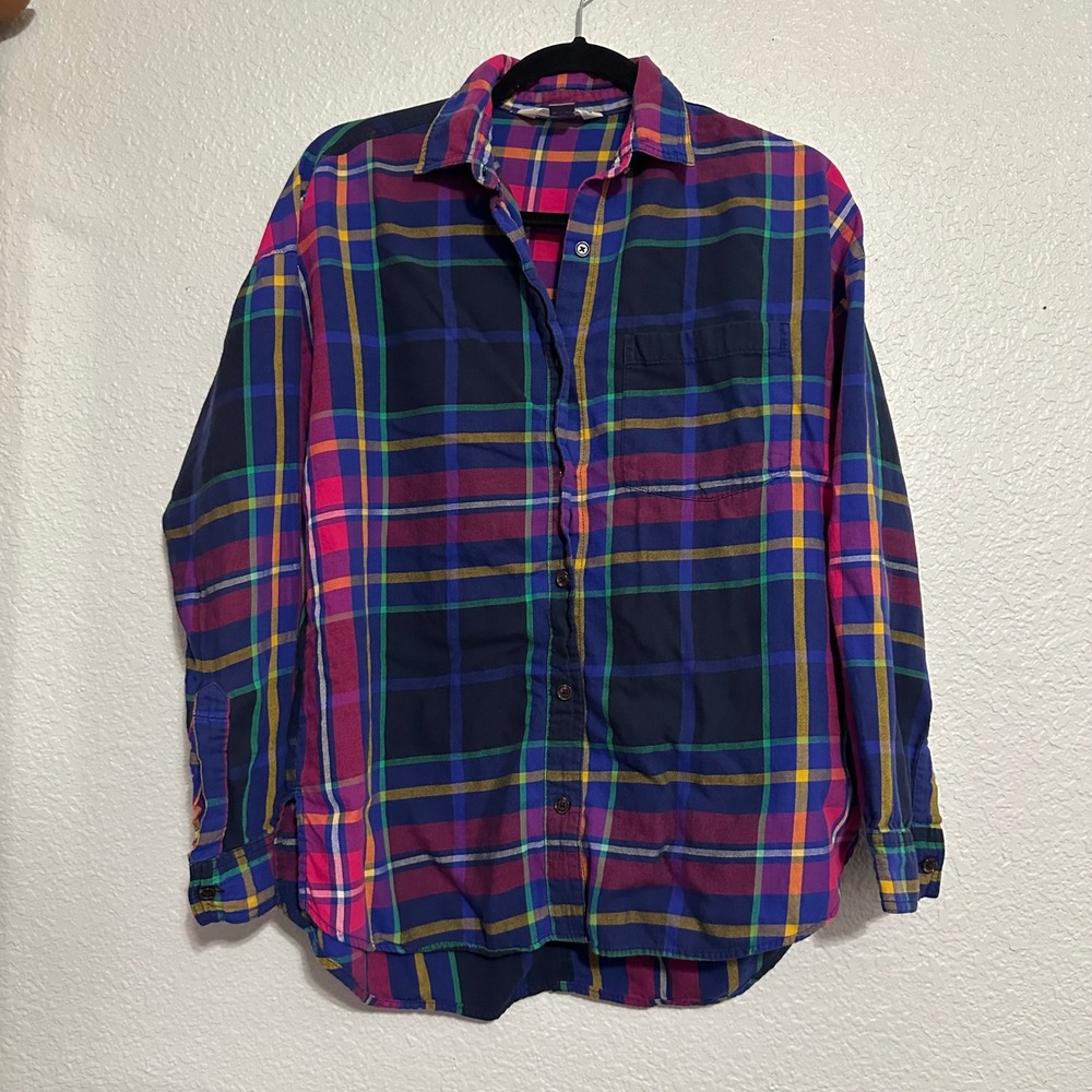 Old Navy The Boyfriend Shirt Plaid Flannel Button Down Blue Pink Purple Medium